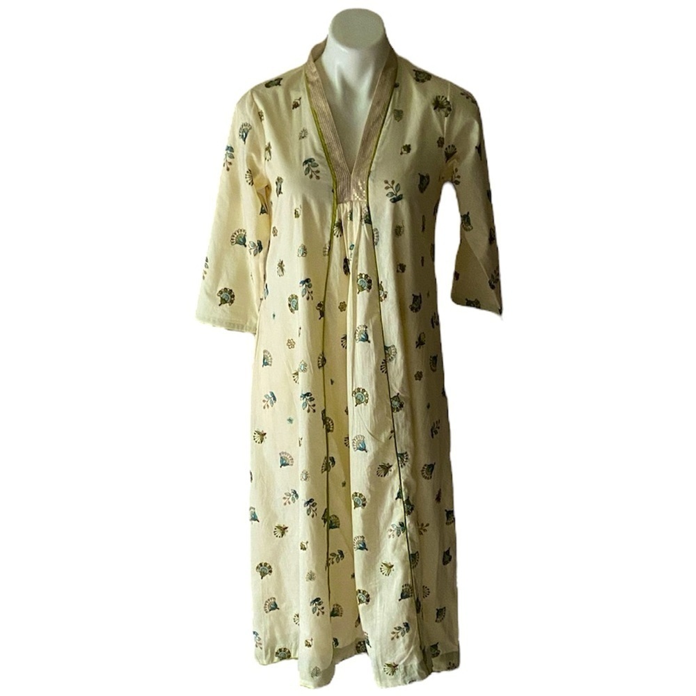 TrueBrowns Women’s Indian Cream Teal Floral Sequined Cotton Maxi Dress Size S
